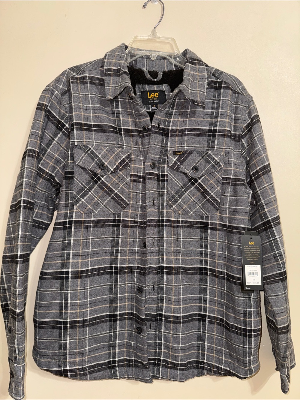 Lee Men's Black and Gray Plaid Button-Down Workshirt